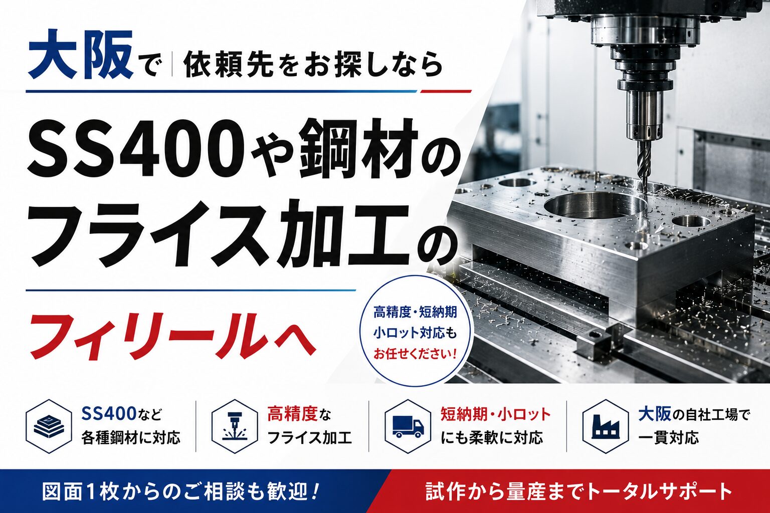 大阪でSS400や鋼材のフライス加工の依頼先をお探しならフィリールへ